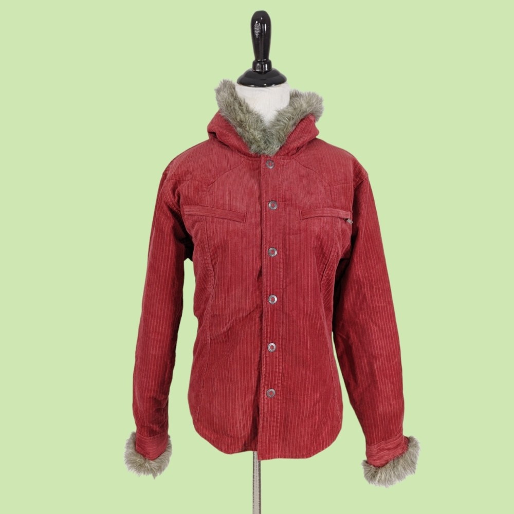 Ariat Women’s Light Red Corduroy Hooded Farm Barn Jacket Faux Fur Trim S